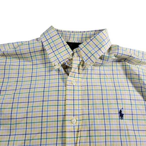 Polo Ralph Lauren Shirt Mens Medium 15.5 Yellow Blue Check Button Down Classic - Picture 1 of 7